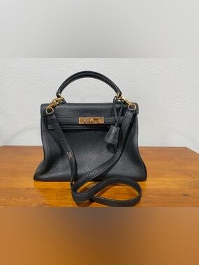 Black Leather Top-Handle Women’s Bag with Gold Hardware